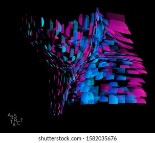 Abstract futuristic shape made of small transparent particle explosion. Optical art geometric  background with high speed of motion. Futuristic vector illustration isolated on black