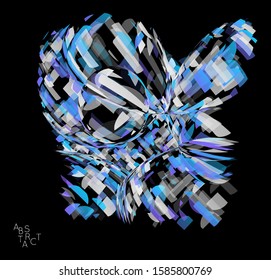 Abstract futuristic shape made of small transparent particle explosion. Optical art geometric  background with high speed of motion. Futuristic vector illustration isolated on black
