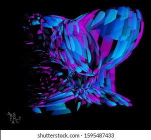 Abstract futuristic shape made of small transparent particle explosion. Optical art geometric  background with high speed of motion. Futuristic vector illustration isolated on black