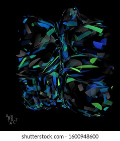 Abstract futuristic shape made of small transparent particle explosion. Optical art geometric  background with high speed of motion. Futuristic vector illustration isolated on black