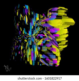 Abstract futuristic shape made of small transparent particle explosion. Optical art geometric  background with high speed of motion. Futuristic vector illustration isolated on black