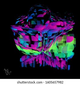 Abstract futuristic shape made of small transparent particle explosion. Optical art geometric  background with high speed of motion. Futuristic vector illustration isolated on black