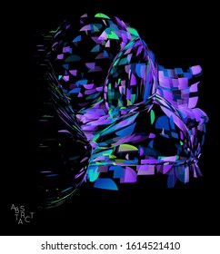 Abstract futuristic shape made of small transparent particle explosion. Optical art geometric  background with high speed of motion. Futuristic vector illustration isolated on black