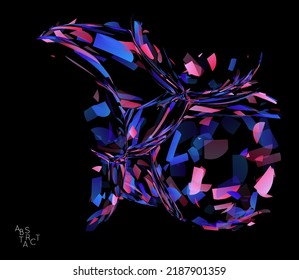 Abstract futuristic shape made of small transparent particle explosion. Optical art geometric  background with high speed of motion. Futuristic vector illustration isolated on black