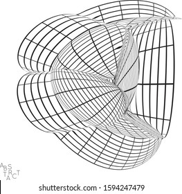 Abstract futuristic shape with visual distortion effect. 3D wire frame model of virus cell. Science biology research concept. Black and white architectural mesh digital drawing.