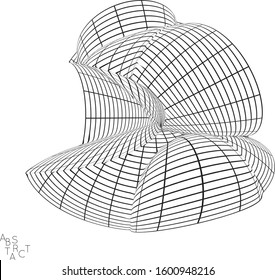 Abstract futuristic shape with visual distortion effect. 3D wire frame model of virus cell. Science biology research concept. Black and white architectural mesh digital drawing.