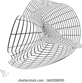 Abstract futuristic shape with visual distortion effect. 3D wire frame model of virus cell. Science biology research concept. Black and white architectural mesh digital drawing.