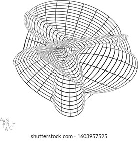Abstract futuristic shape with visual distortion effect. 3D wire frame model of virus cell. Science biology research concept. Black and white architectural mesh digital drawing.