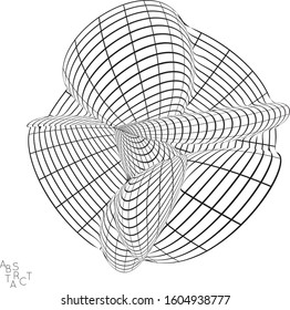 Abstract futuristic shape with visual distortion effect. 3D wire frame model of virus cell. Science biology research concept. Black and white architectural mesh digital drawing.