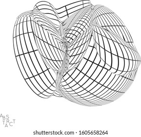 Abstract futuristic shape with visual distortion effect. 3D wire frame model of virus cell. Science biology research concept. Black and white architectural mesh digital drawing.