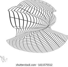 Abstract futuristic shape with visual distortion effect. 3D wire frame model of virus cell. Science biology research concept. Black and white architectural mesh digital drawing.