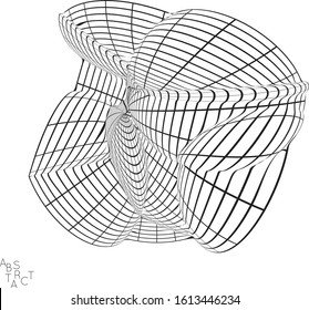 Abstract futuristic shape with visual distortion effect. 3D wire frame model of virus cell. Science biology research concept. Black and white architectural mesh digital drawing.
