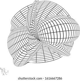 Abstract futuristic shape with visual distortion effect. 3D wire frame model of virus cell. Science biology research concept. Black and white architectural mesh digital drawing.