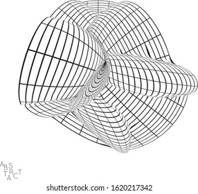 Abstract futuristic shape with visual distortion effect. 3D wire frame model of virus cell. Science biology research concept. Black and white architectural mesh digital drawing.