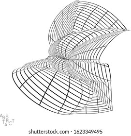 Abstract futuristic shape with visual distortion effect. 3D wire frame model of virus cell. Science biology research concept. Black and white architectural mesh digital drawing.
