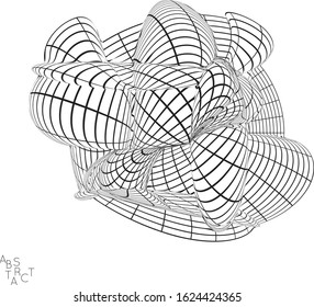 Abstract futuristic shape with visual distortion effect. 3D wire frame model of virus cell. Science biology research concept. Black and white architectural mesh digital drawing.