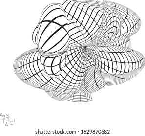 Abstract futuristic shape with visual distortion effect. 3D wire frame model of virus cell. Science biology research concept. Black and white architectural mesh digital drawing.