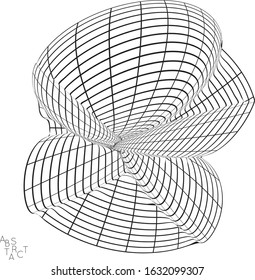 Abstract futuristic shape with visual distortion effect. 3D wire frame model of virus cell. Science biology research concept. Black and white architectural mesh digital drawing.