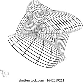 Forma abstracta futurista con efecto de distorsión visual. Modelo de estructura de cable 3D de célula de virus. Concepto de investigación científica sobre biología. Dibujo digital en malla en blanco y negro.