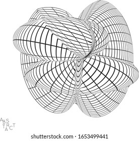 Abstract futuristic shape with visual distortion effect. 3D wire frame model of virus cell. Science biology research concept. Black and white architectural mesh digital drawing.