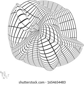Abstract futuristic shape with visual distortion effect. 3D wire frame model of virus cell. Science biology research concept. Black and white architectural mesh digital drawing.