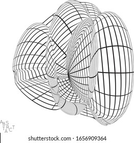 Abstract futuristic shape with visual distortion effect. 3D wire frame model of virus cell. Science biology research concept. Black and white architectural mesh digital drawing.
