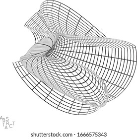 Forma abstracta futurista con efecto de distorsión visual. Modelo de estructura de cable 3D de célula de virus. Concepto de investigación científica sobre biología. Dibujo digital en malla en blanco y negro.