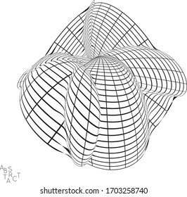 Abstract futuristic shape with visual distortion effect. 3D wire frame model of virus cell. Science biology research concept. Black and white architectural mesh digital drawing.