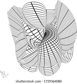 Abstract futuristic shape with visual distortion effect. 3D wire frame model of virus cell. Science biology research concept. Black and white architectural mesh digital drawing.