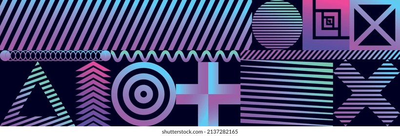 Abstract futuristic shapes geometric design elements, retro wave, neon style. Cover for pages, poster musical fine arts.