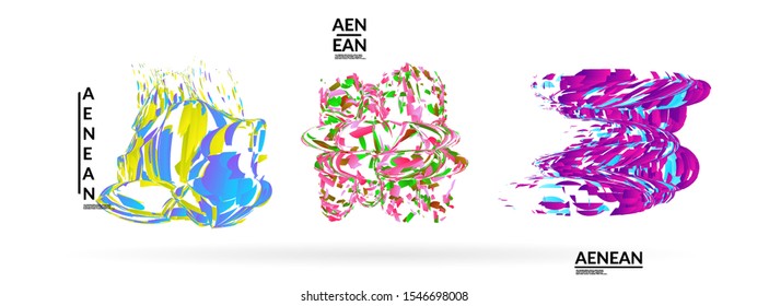 Abstract futuristic shapes made of small particle explosion. Optical art geometric background with high speed of motion. Futuristic vector illustration badge set.
