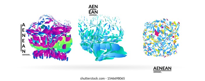 Abstract futuristic shapes made of small particle explosion. Optical art geometric background with high speed of motion. Futuristic vector illustration badge set.

