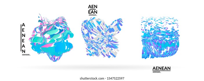 Abstract futuristic shapes made of small particle explosion. Optical art geometric background with high speed of motion. Futuristic vector illustration badge set.
