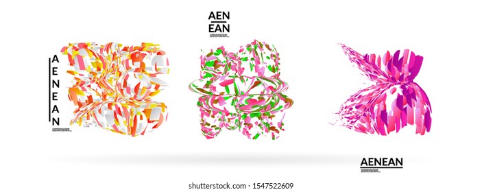 Abstract futuristic shapes made of small particle explosion. Optical art geometric background with high speed of motion. Futuristic vector illustration badge set.
