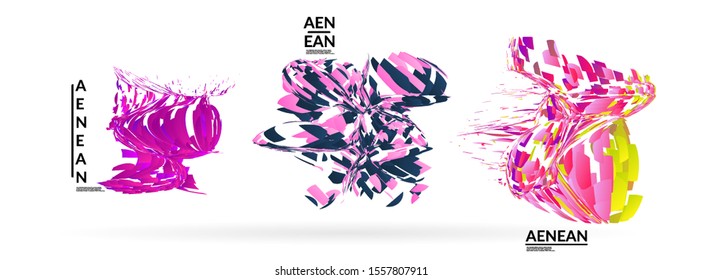 Abstract futuristic shapes made of small particle explosion. Optical art geometric background with high speed of motion. Futuristic vector illustration badge set.
