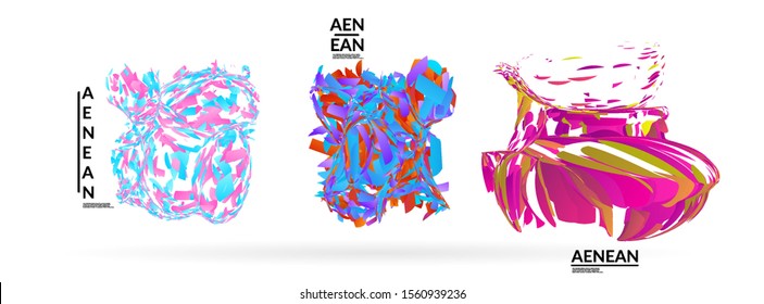 Abstract futuristic shapes made of small particle explosion. Optical art geometric background with high speed of motion. Futuristic vector illustration badge set.

