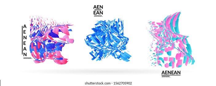 Abstract futuristic shapes made of small particle explosion. Optical art geometric background with high speed of motion. Futuristic vector illustration badge set.

