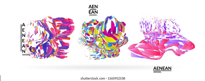 Abstract futuristic shapes made of small particle explosion. Optical art geometric background with high speed of motion. Futuristic vector illustration badge set.
