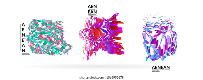 Abstract futuristic shapes made of small particle explosion. Optical art geometric background with high speed of motion. Futuristic vector illustration badge set.
