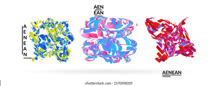 Abstract futuristic shapes made of small particle explosion. Optical art geometric background with high speed of motion. Futuristic vector illustration badge set.
