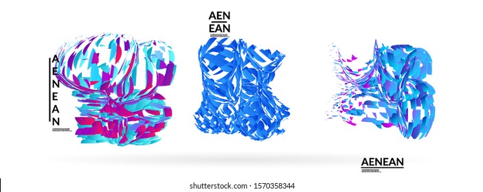 Abstract futuristic shapes made of small particle explosion. Optical art geometric background with high speed of motion. Futuristic vector illustration badge set.
