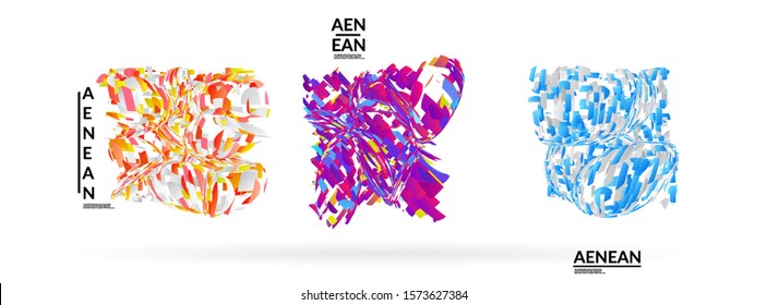 Abstract futuristic shapes made of small particle explosion. Optical art geometric background with high speed of motion. Futuristic vector illustration badge set.
