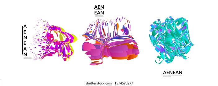 Abstract futuristic shapes made of small particle explosion. Optical art geometric background with high speed of motion. Futuristic vector illustration badge set.

