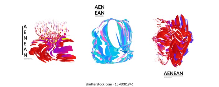 Abstract futuristic shapes made of small particle explosion. Optical art geometric background with high speed of motion. Futuristic vector illustration badge set.
