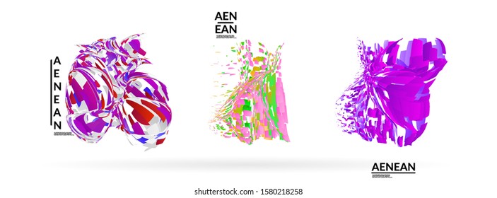 Abstract futuristic shapes made of small particle explosion. Optical art geometric background with high speed of motion. Futuristic vector illustration badge set.
