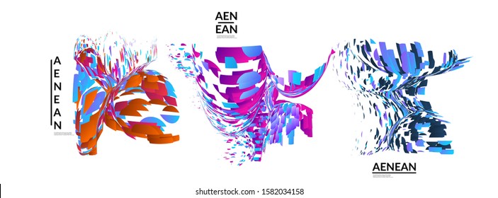 Abstract futuristic shapes made of small particle explosion. Optical art geometric background with high speed of motion. Futuristic vector illustration badge set.
