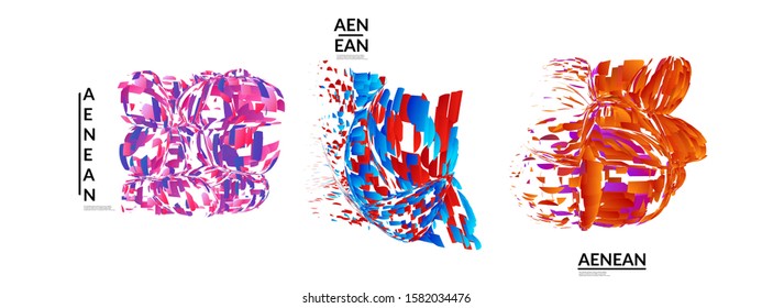 Abstract futuristic shapes made of small particle explosion. Optical art geometric background with high speed of motion. Futuristic vector illustration badge set.
