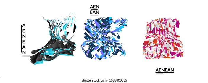 Abstract futuristic shapes made of small particle explosion. Optical art geometric background with high speed of motion. Futuristic vector illustration badge set.