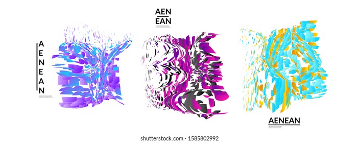 Abstract futuristic shapes made of small particle explosion. Optical art geometric background with high speed of motion. Futuristic vector illustration badge set.