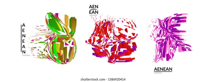 Abstract futuristic shapes made of small particle explosion. Optical art geometric background with high speed of motion. Futuristic vector illustration badge set.

